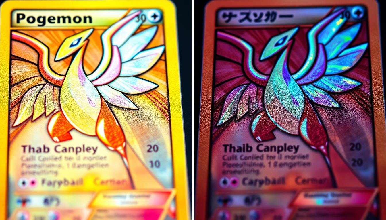 Vergleich zwischen deutscher und japanischer Pokémon Karte mit Detailansicht