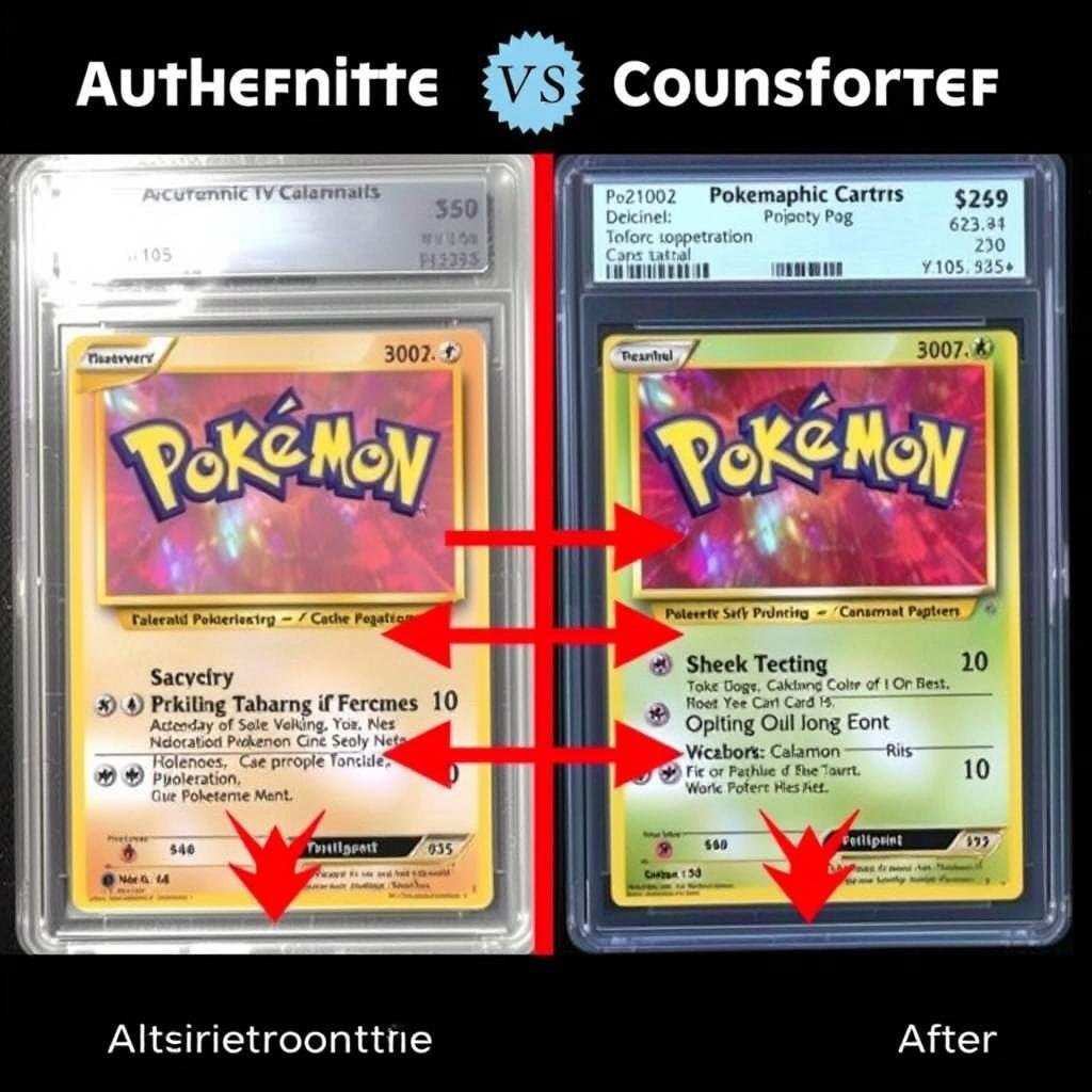 Vergleich zwischen echter und gefälschter Pokémon Karte mit Hervorhebung der Unterschiede