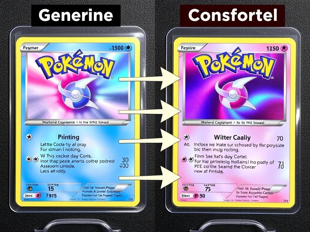 Vergleich zwischen echter und gefälschter Pokémon Karte mit Hinweisen auf Unterschiede