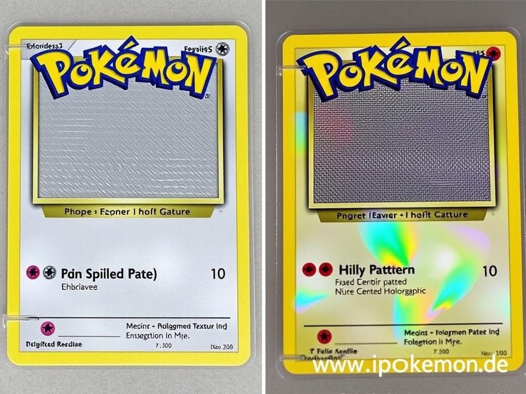 Vergleich zwischen einer Pokémon Karte mit korrekter Prägung und einer mit fehlender Prägung