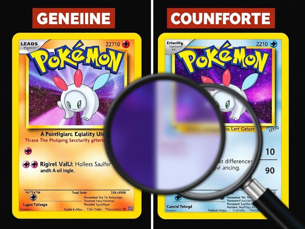 Vergleich zwischen einer echten und einer gefälschten Pokémon Karte mit Detailansicht