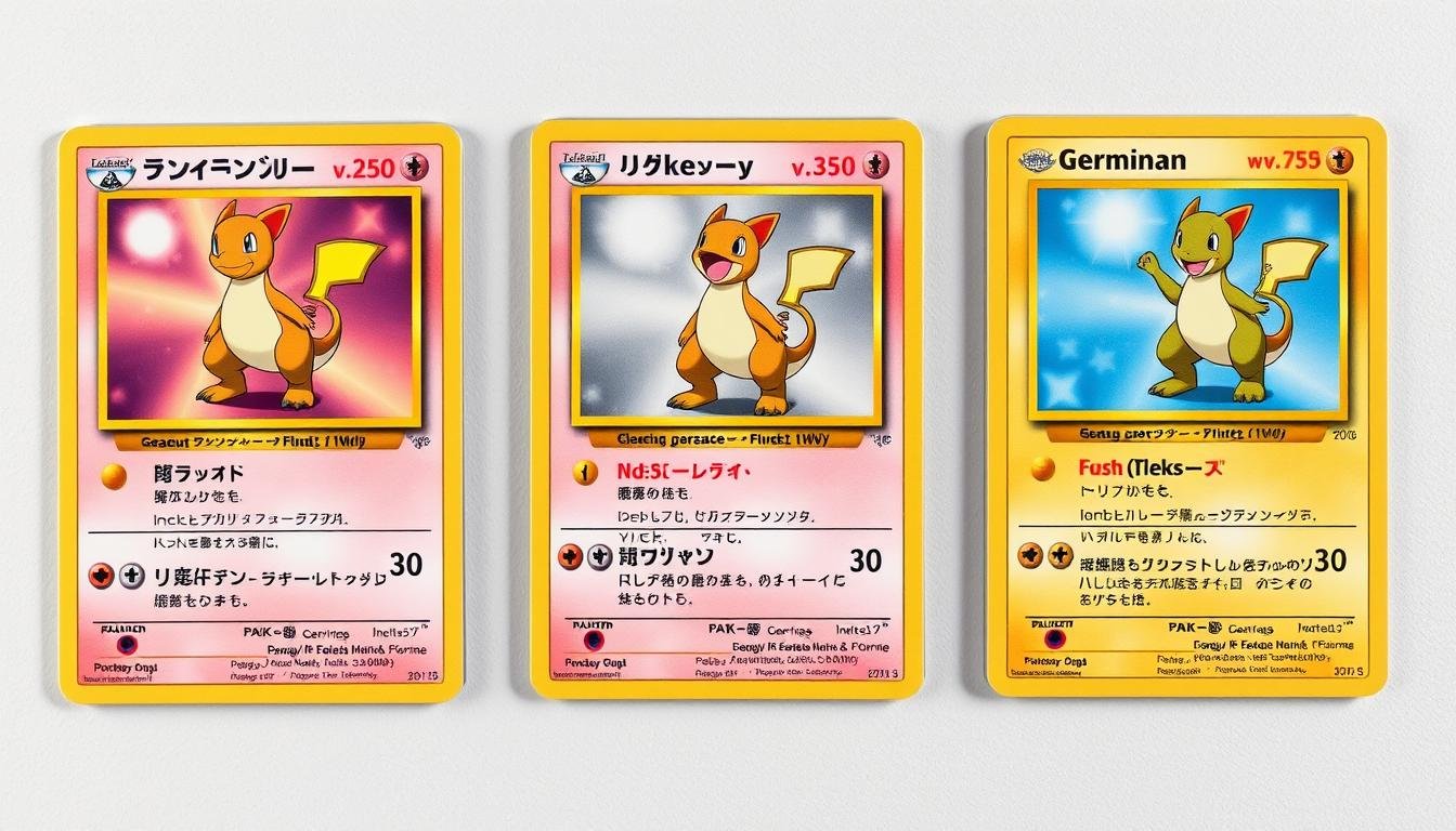 Vergleich zwischen japanischen, englischen und deutschen Pokémon Karten der ersten Generation