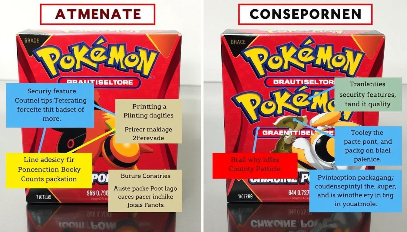 Vergleich zwischen originaler und gefälschter Pokémon Booster Box mit Erkennungsmerkmalen