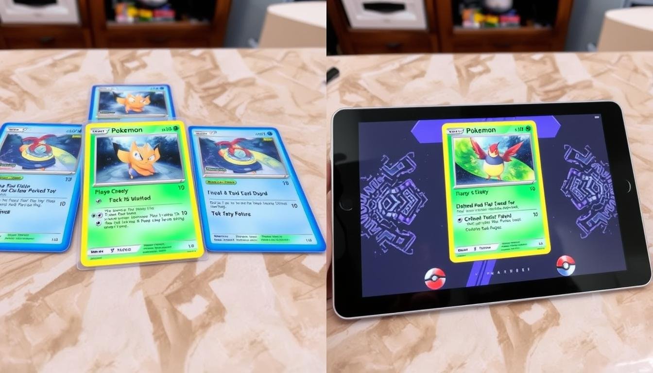 Vergleich zwischen physischen Pokémon Karten und ihrer digitalen Version