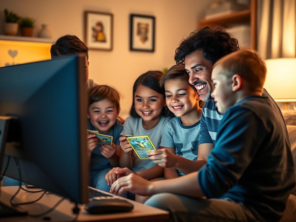 Verschiedene Altersgruppen schauen gemeinsam ein Pokémon Karten Booster Opening