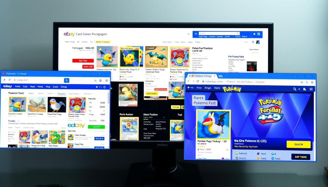 Verschiedene Auktionsplattformen für Pokémon Karten auf einem Computerbildschirm