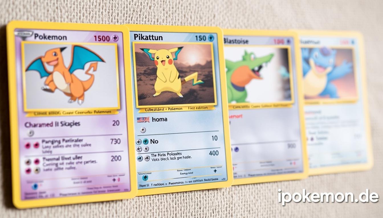 Verschiedene Erstausgaben von Pokémon Karten nebeneinander