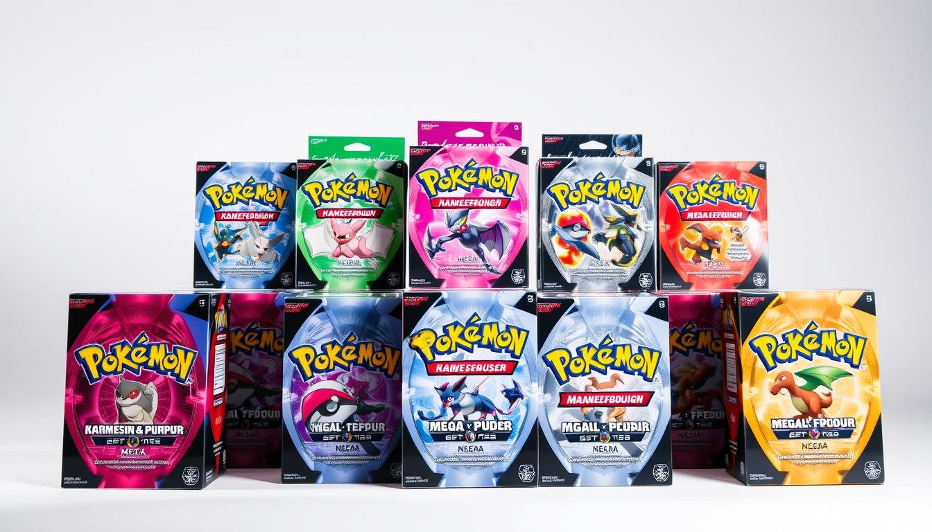 Verschiedene Pokémon Booster Boxen der aktuellen Editionen wie Karmesin & Purpur und Mega Entwicklung