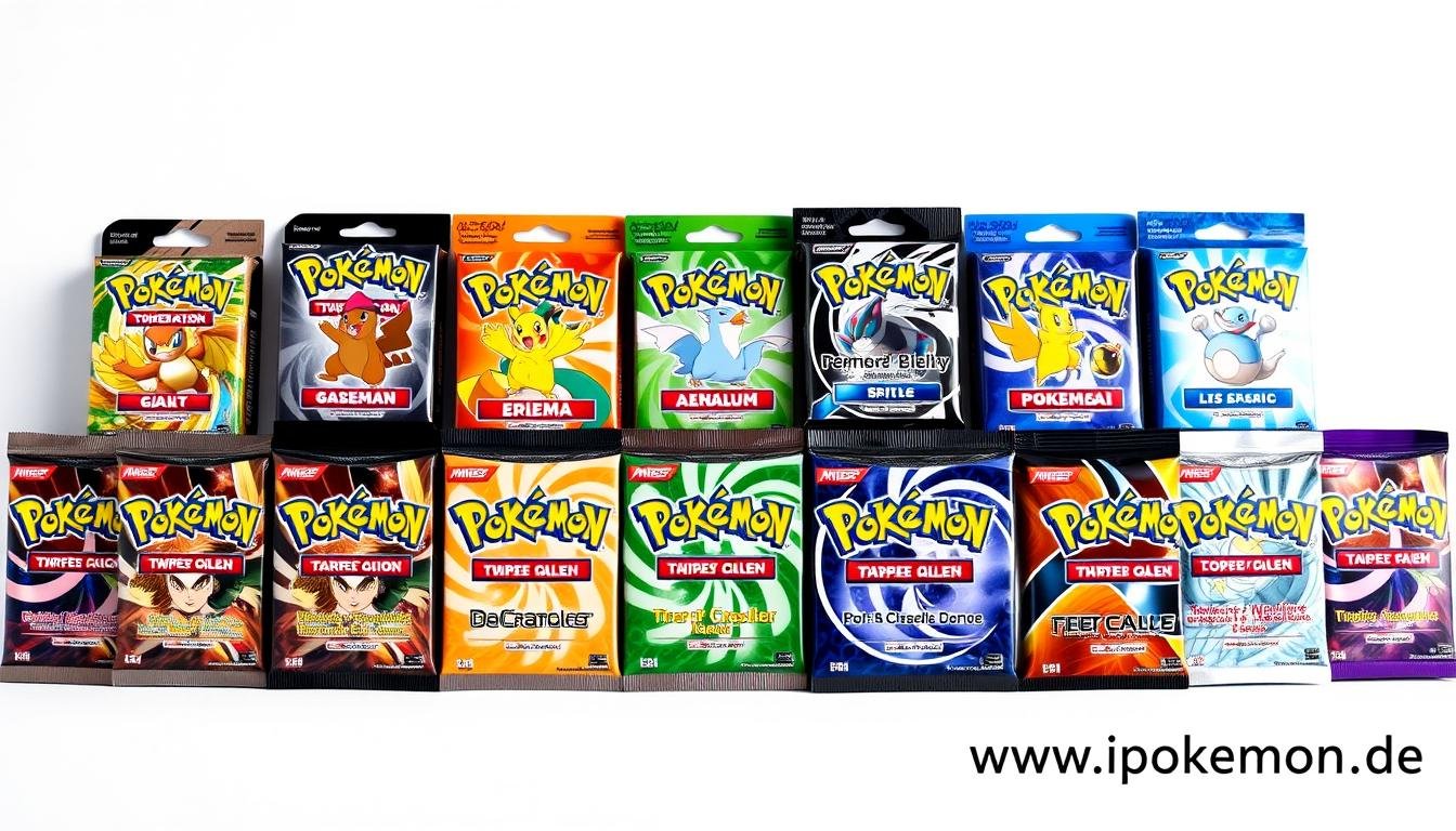 Verschiedene Pokémon Booster Packs aus unterschiedlichen Serien nebeneinander angeordnet