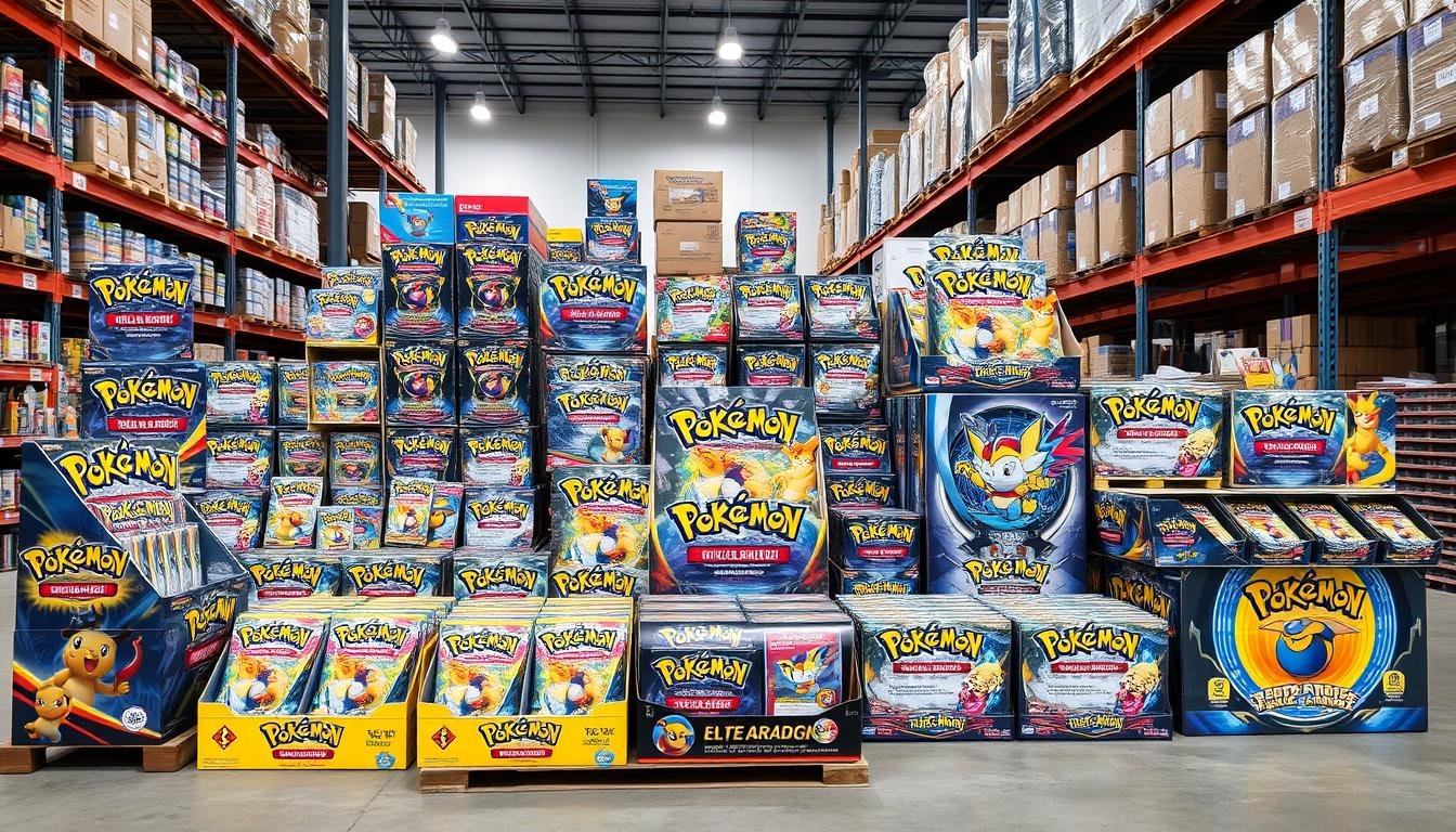Verschiedene Pokémon Karten Booster-Displays und Boxen im Großhandel arrangiert