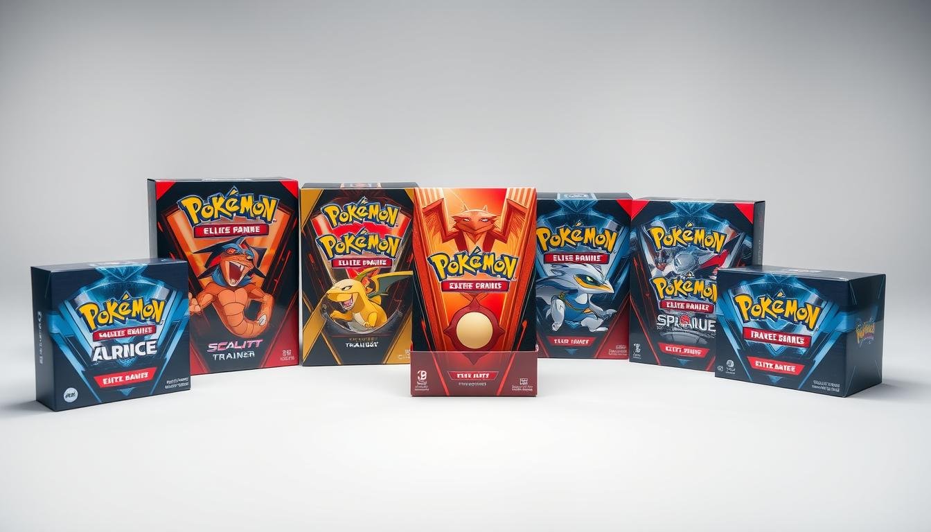 Verschiedene Pokémon Karten Box Varianten mit Elite Trainer Box und Tin Box