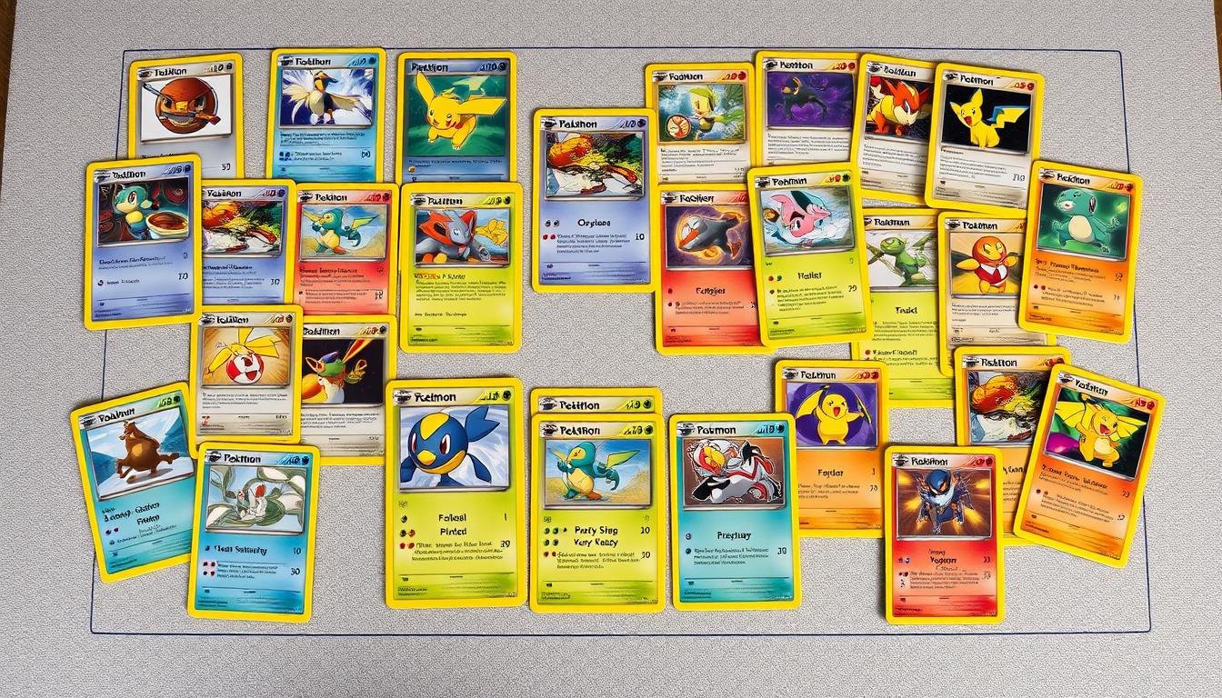 Verschiedene Pokémon Karten-Decks nebeneinander ausgelegt