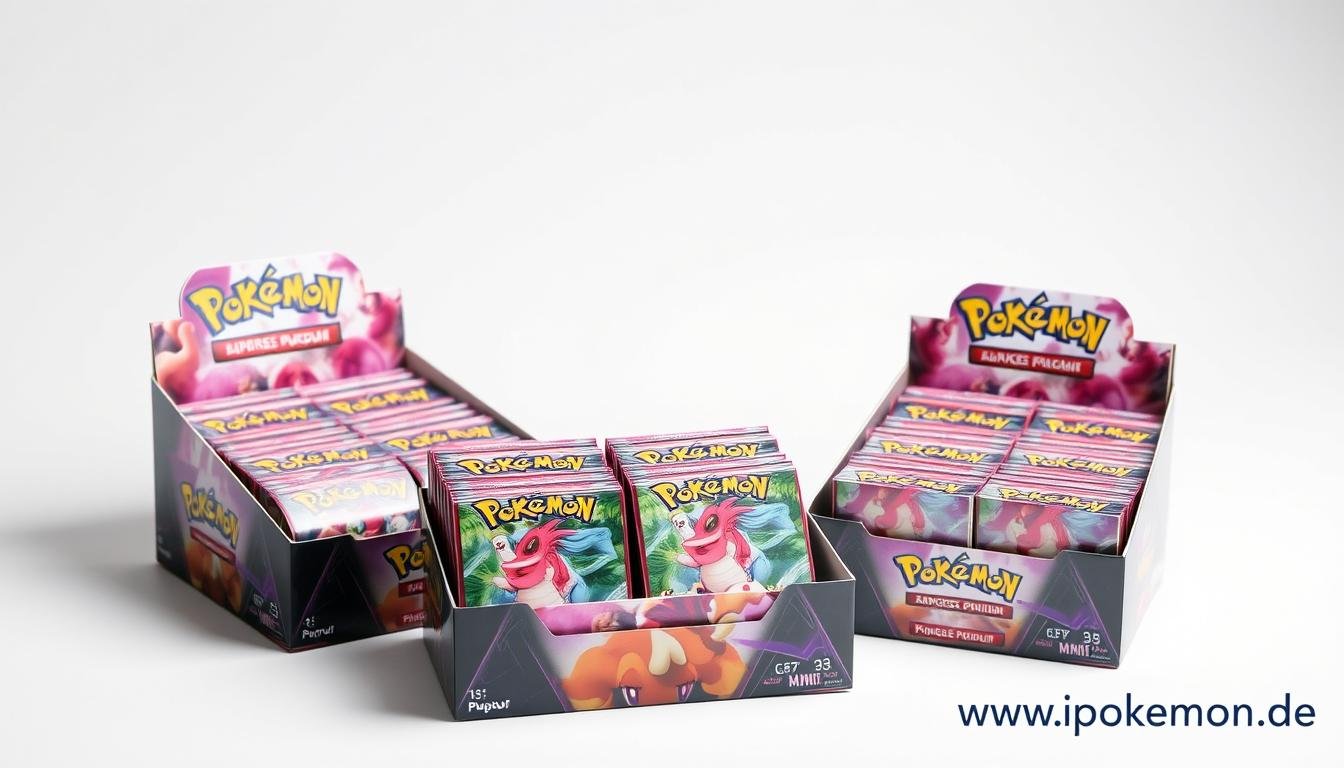 Verschiedene Pokémon Karten Displays mit Booster Packs