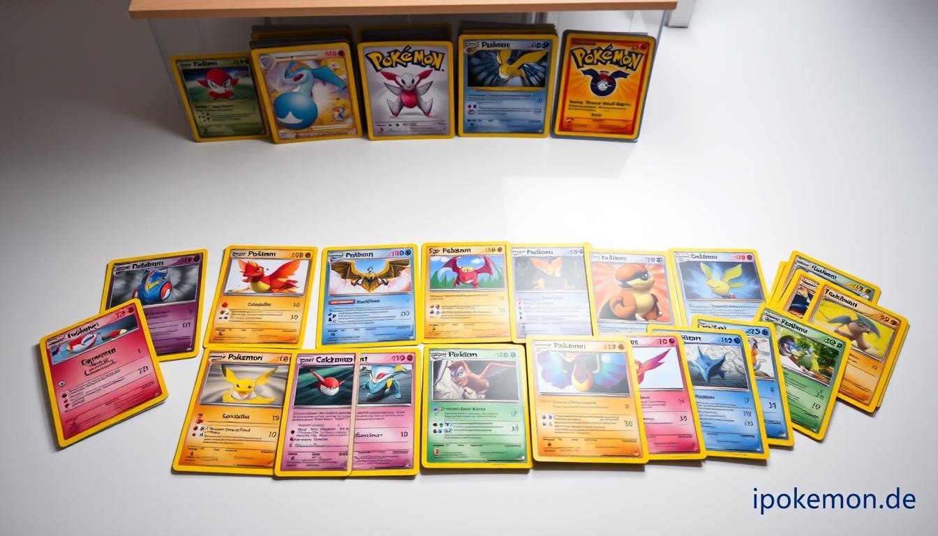 Verschiedene Pokémon Karten Editionen aus Deutschland nebeneinander angeordnet