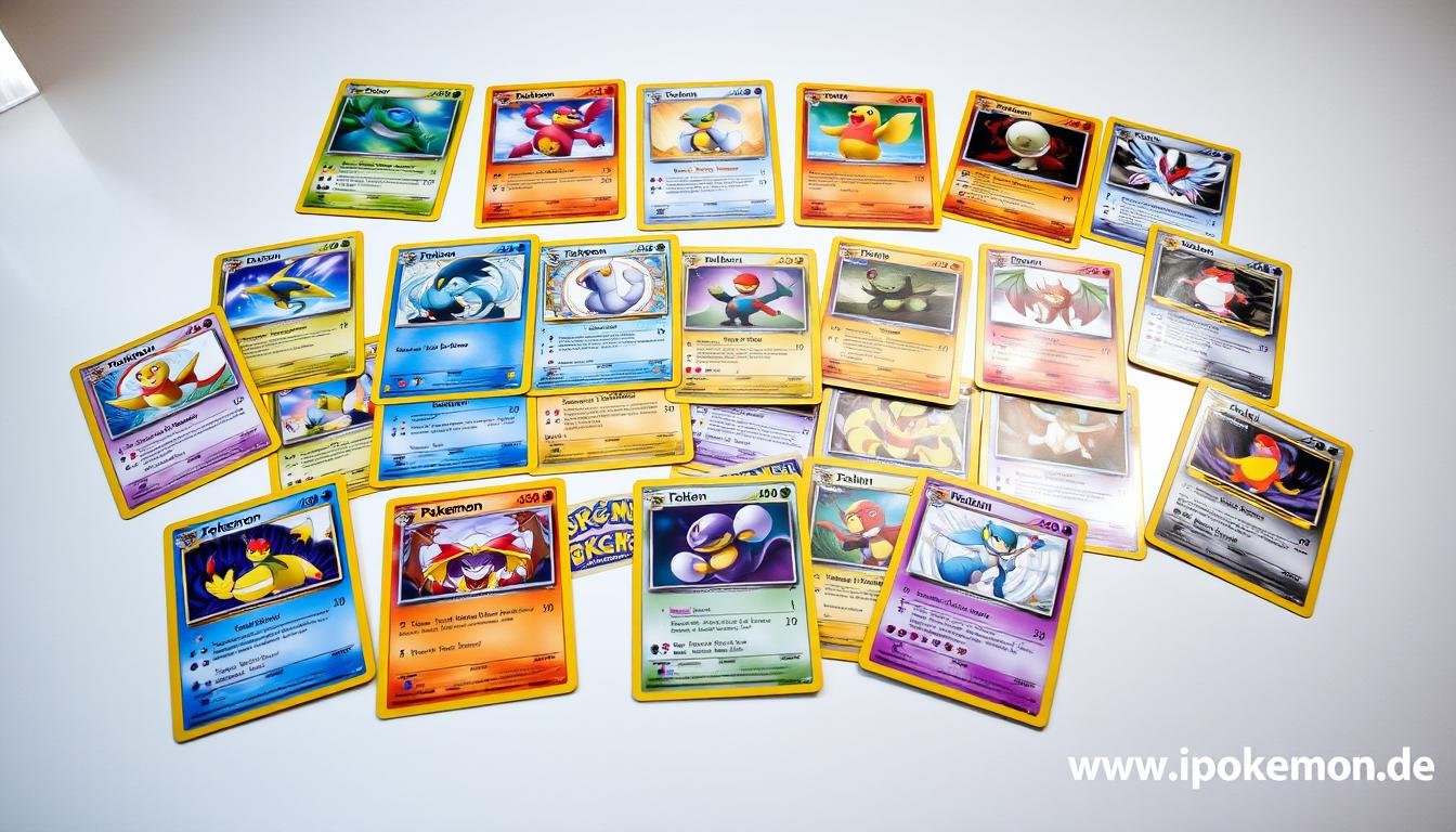 Verschiedene Pokémon Karten Editionen und Seltenheiten nebeneinander ausgelegt