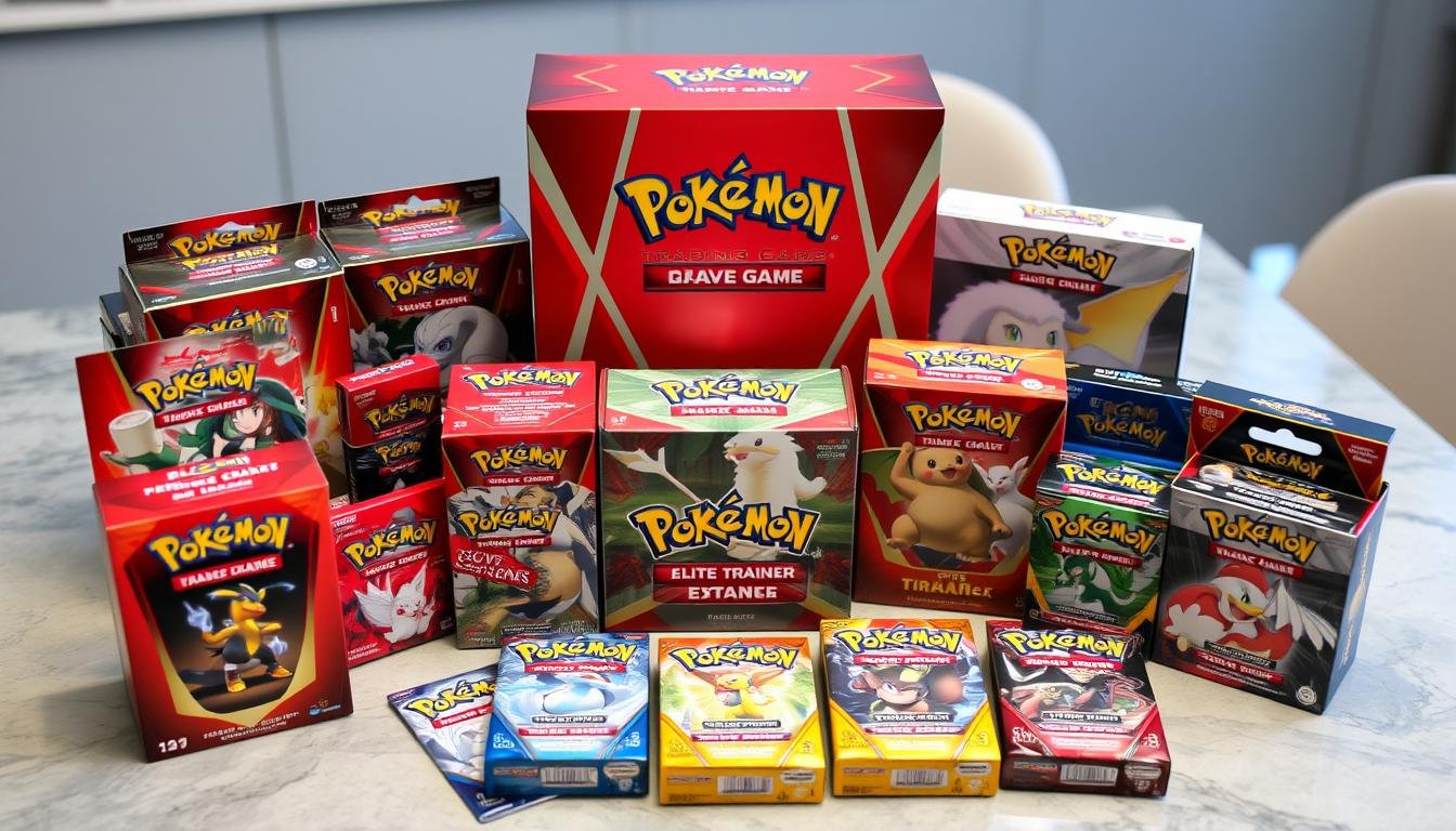 Verschiedene Pokémon Karten Produkte wie Elite Trainer Box, Tin-Dosen und Theme Decks