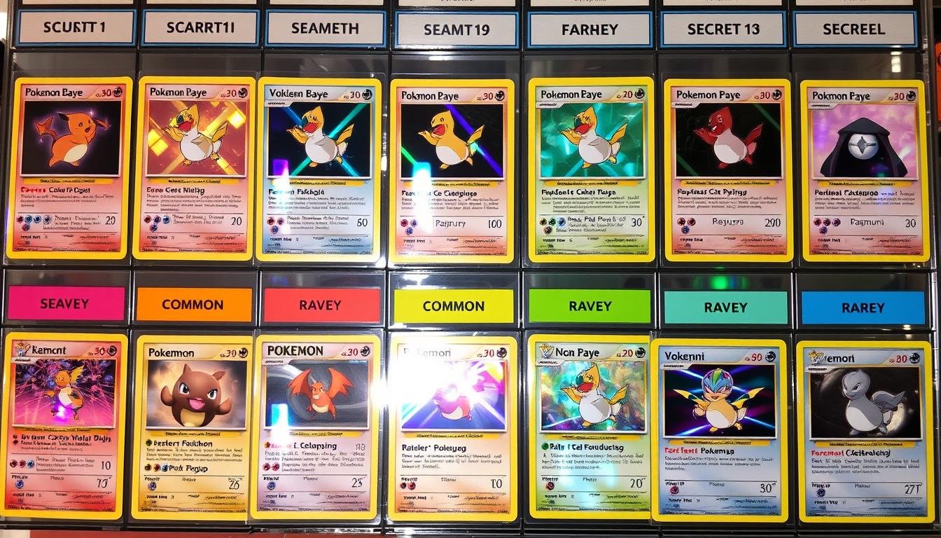 Verschiedene Pokémon Karten Raritäten von Common bis Secret Rare
