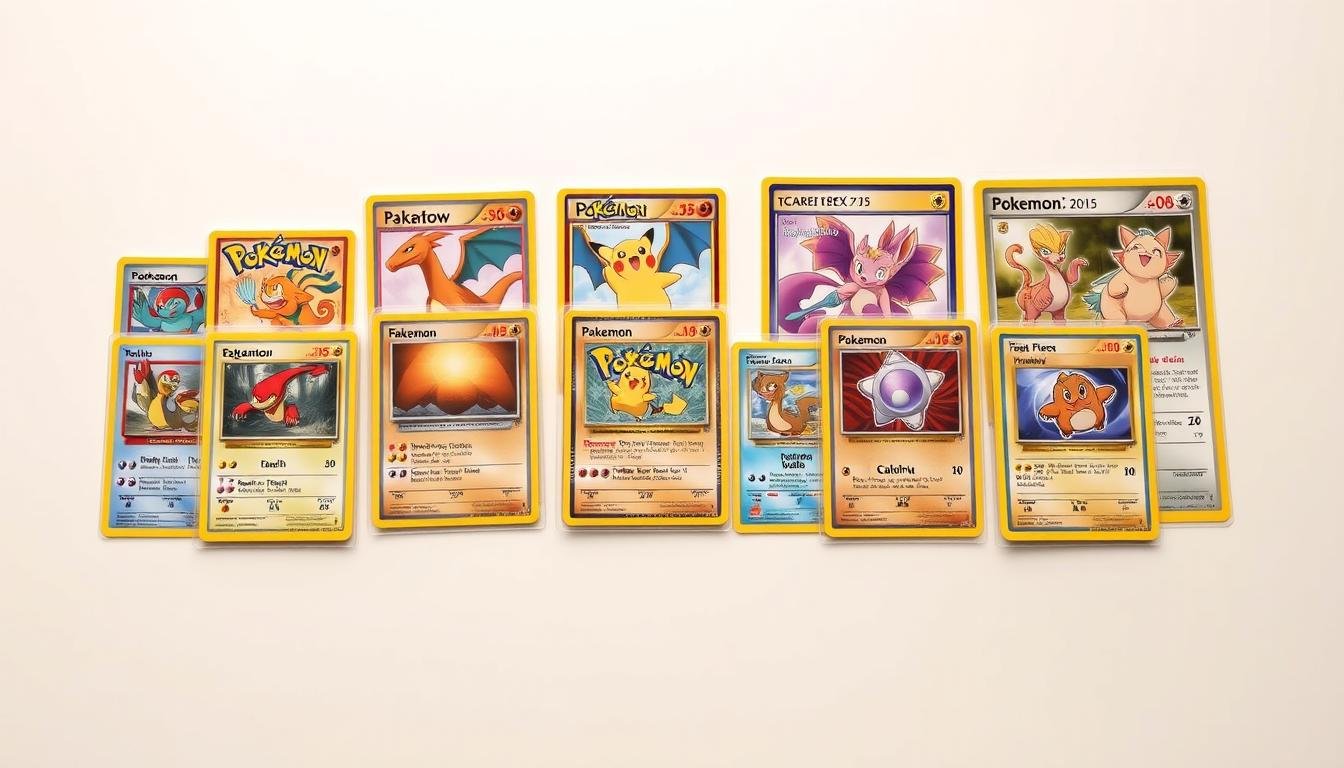 Verschiedene Pokémon Karten Serien von Base Set bis Scarlet & Violet nebeneinander angeordnet