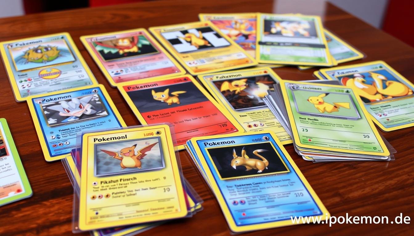 Verschiedene Pokémon Karten ausgelegt in einer Sammlung mit seltenen Exemplaren wie Glurak und Pikachu