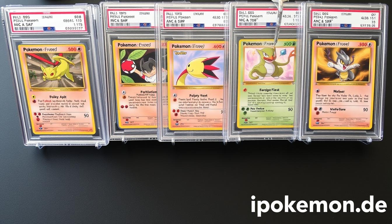 Verschiedene Pokémon Karten in Grading-Cases mit unterschiedlichen Bewertungen