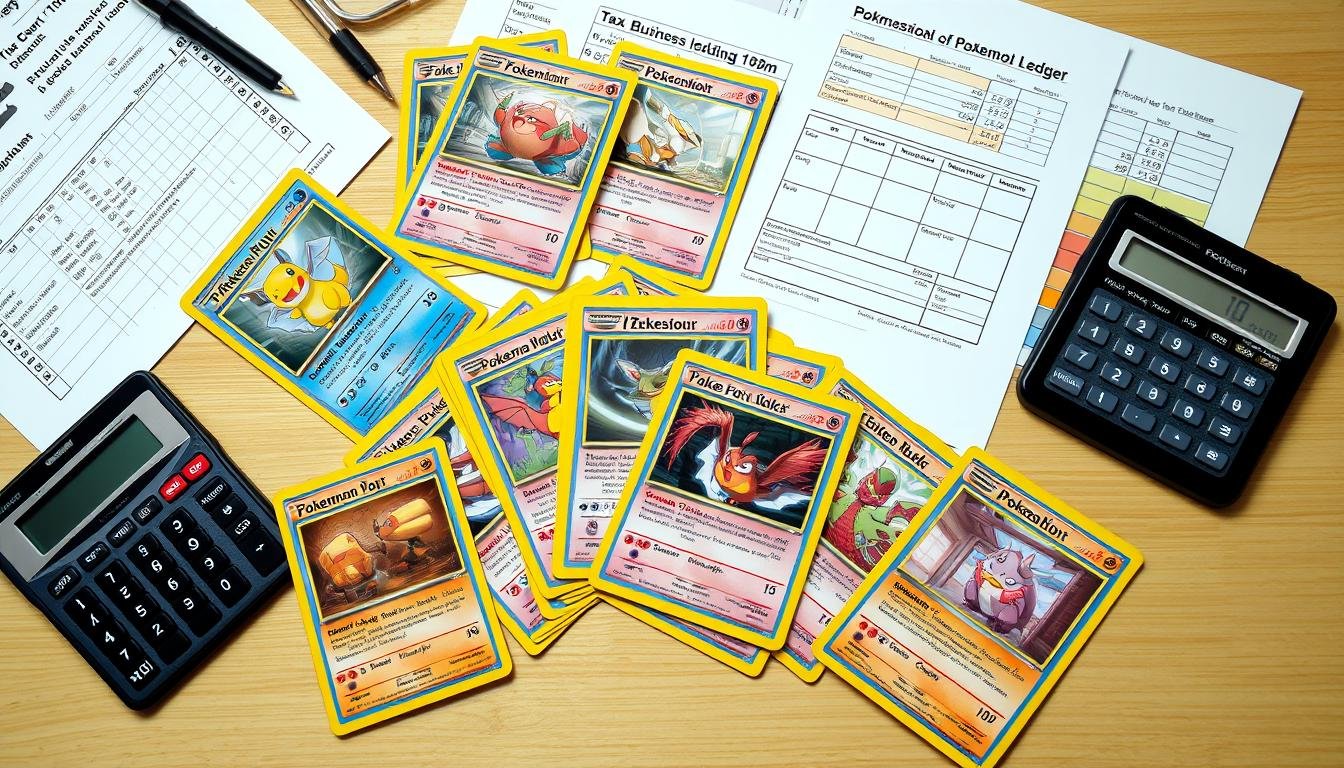 Verschiedene Pokémon Karten mit Steuerunterlagen und Taschenrechner