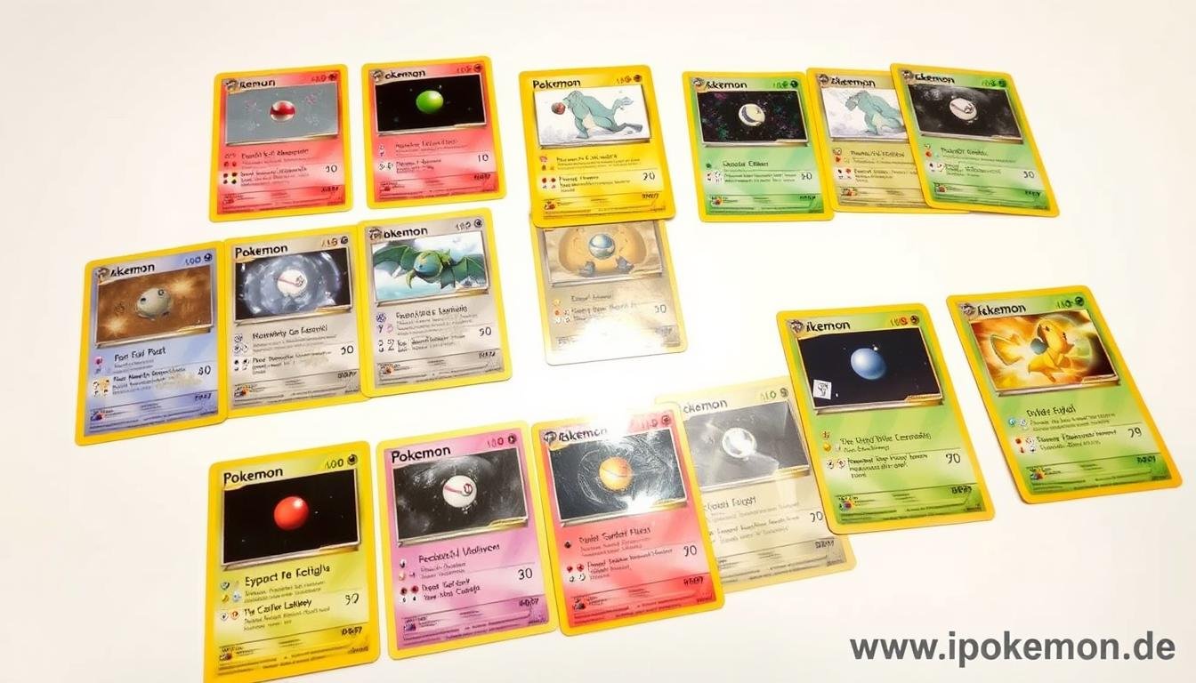 Verschiedene Pokémon Karten mit typischen Produktionsfehlern nebeneinander angeordnet
