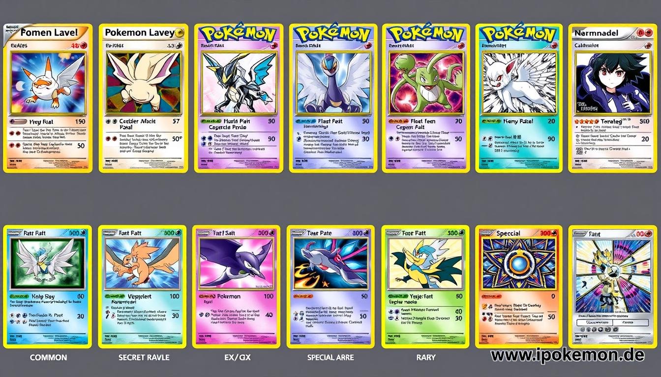 Verschiedene Pokémon Karten mit unterschiedlichen Seltenheitsstufen nebeneinander angeordnet