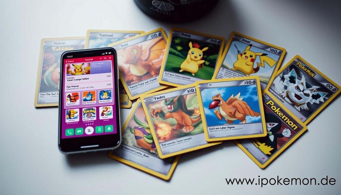 Verschiedene Pokémon Karten neben einem Smartphone mit einer Sammlungs-App