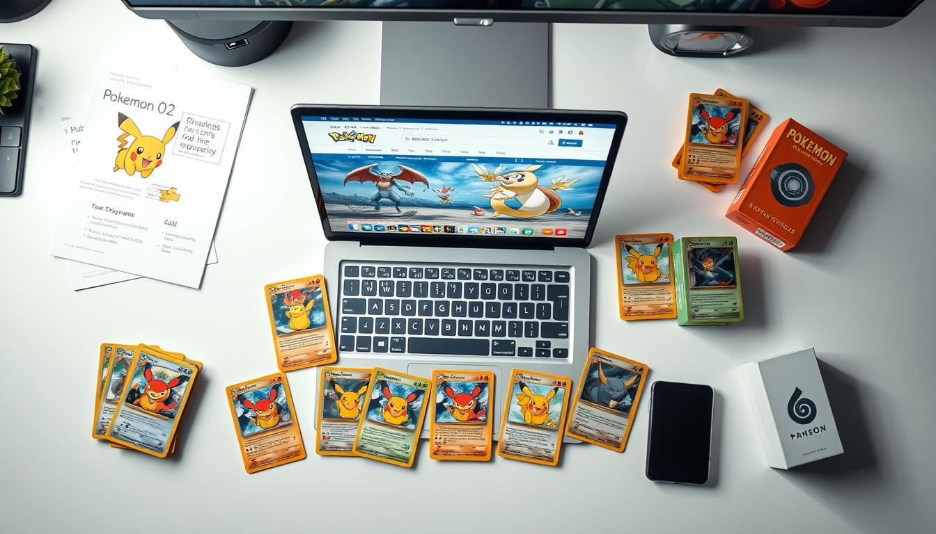 Verschiedene Pokémon Karten und Geschäftsmaterialien auf einem Tisch