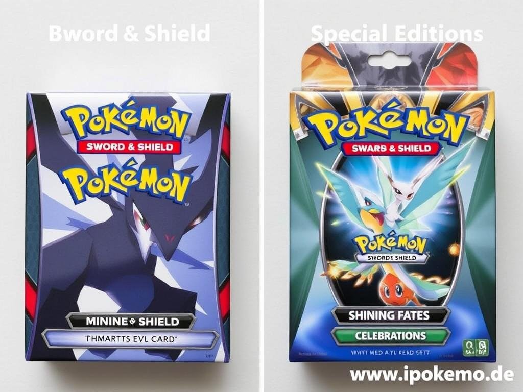 Verschiedene Pokémon Kartensets mit Basis-Sets und Sondereditionen nebeneinander