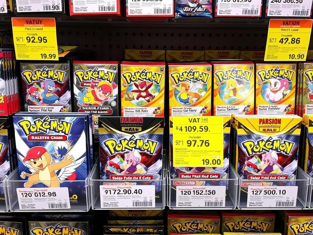 Verschiedene Pokémon Kartensets mit Preisschildern und Umsatzsteuerhinweisen