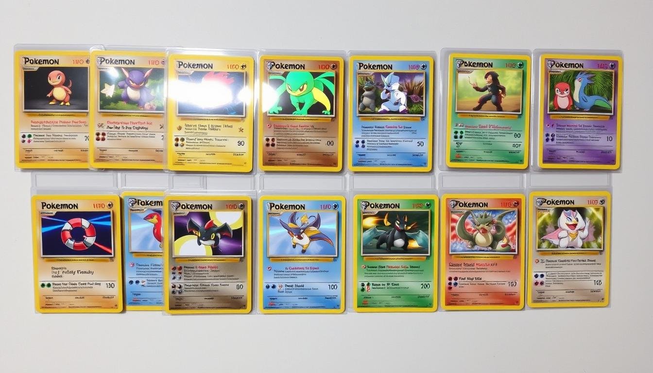 Verschiedene Pokémon Sammelkarten aus unterschiedlichen Editionen nebeneinander ausgelegt