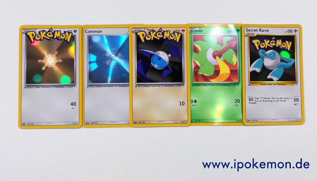 Verschiedene Seltenheitsstufen von Pokémon Karten nebeneinander