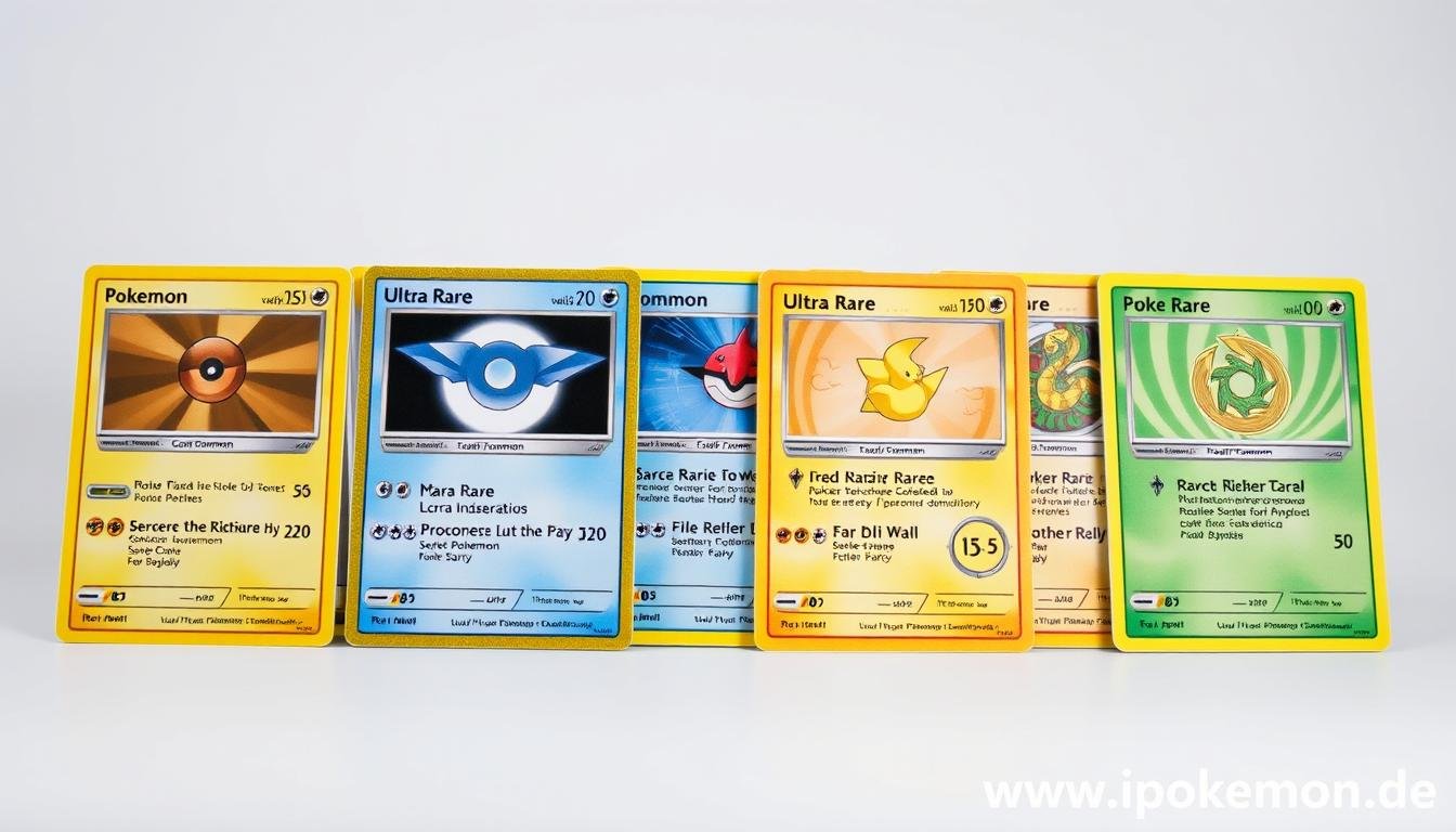 Verschiedene Seltenheitsstufen von Pokémon Karten nebeneinander angeordnet
