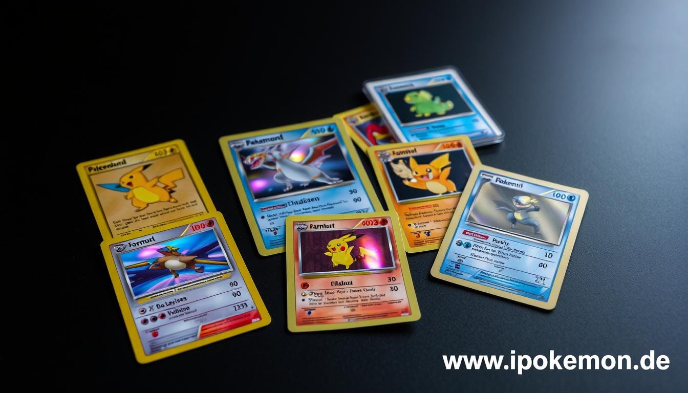Verschiedene seltene Pokémon Karten als Wertanlage ausgelegt