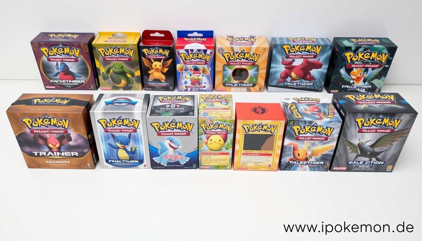 Verschiedene wertvolle Pokémon Karten Sammelboxen nebeneinander aufgereiht