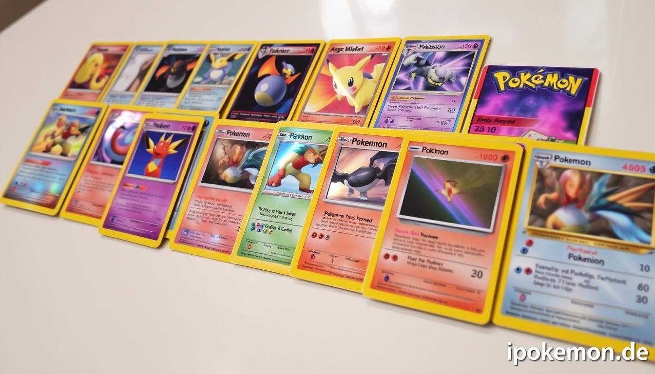 Verschiedene wertvolle Pokémon Karten aus verschiedenen Editionen nebeneinander angeordnet