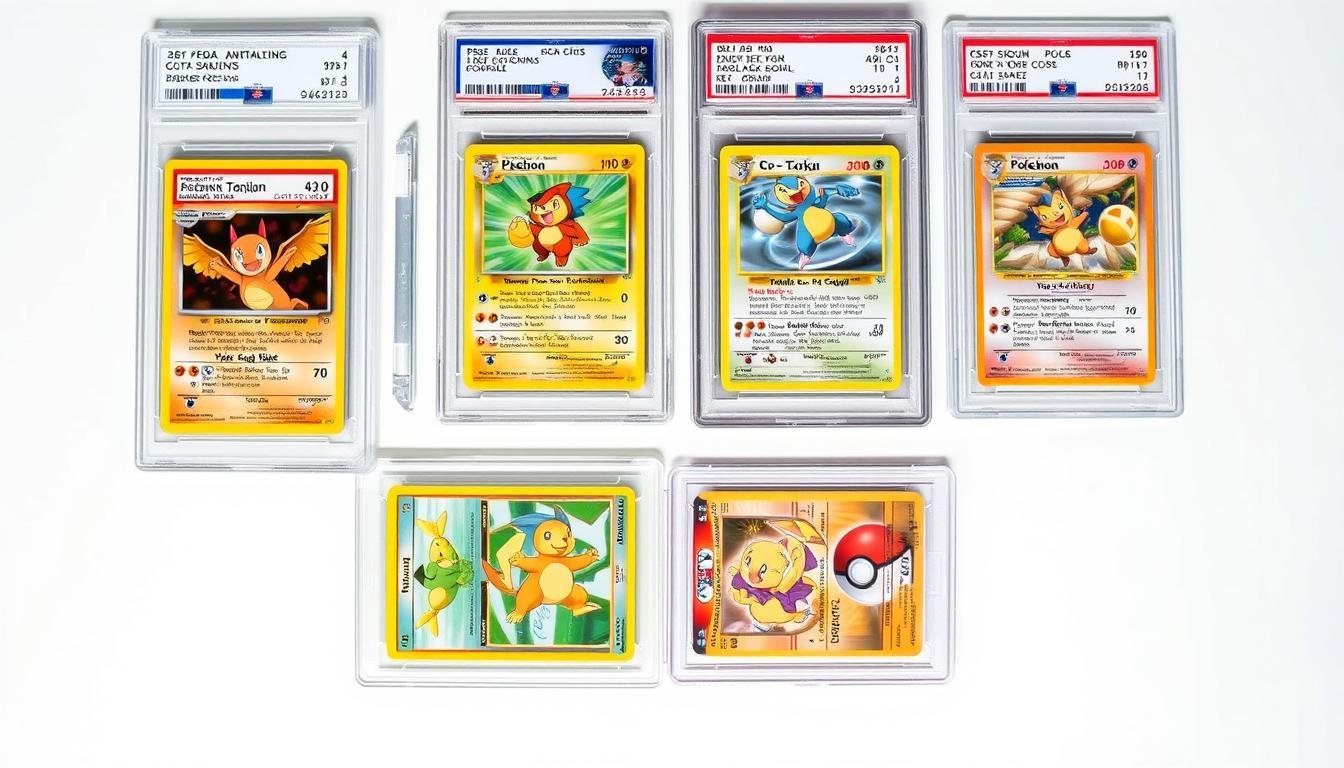 Verschiedene wertvolle Pokémon Karten in Schutzhüllen und Grading Cases