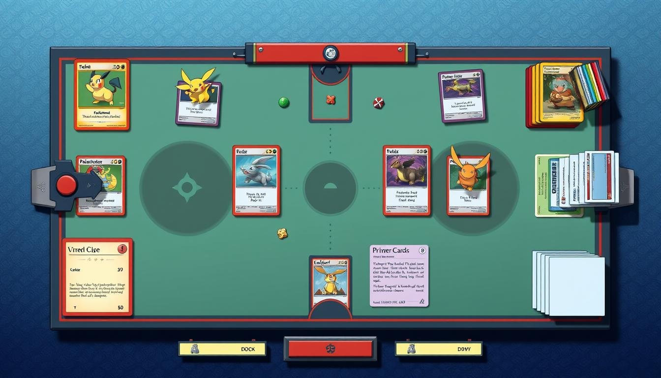 Vollständiger Spielaufbau des Pokémon Trading Card Game (TCG) mit allen Elementen
