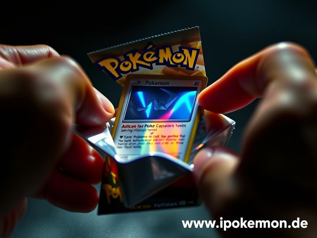 Wertvolle Pokémon Karte wird aus einem Booster Pack gezogen