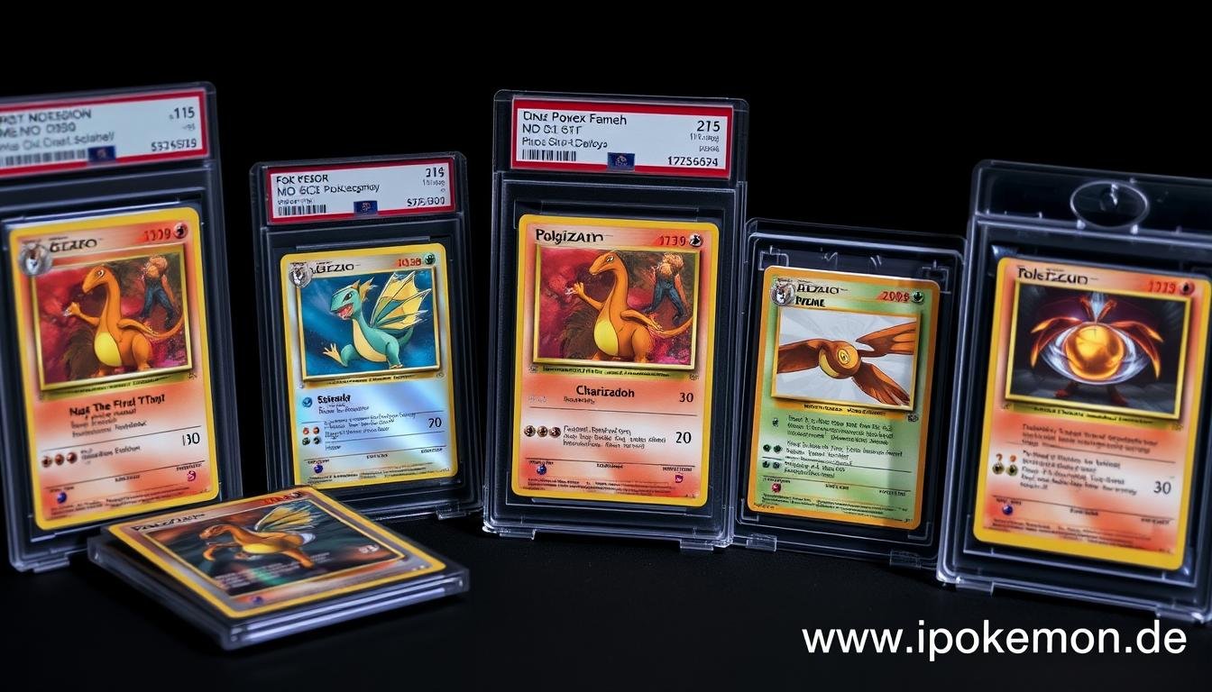 Wertvolle Pokémon Karten in Schutzhüllen mit Preisschildern