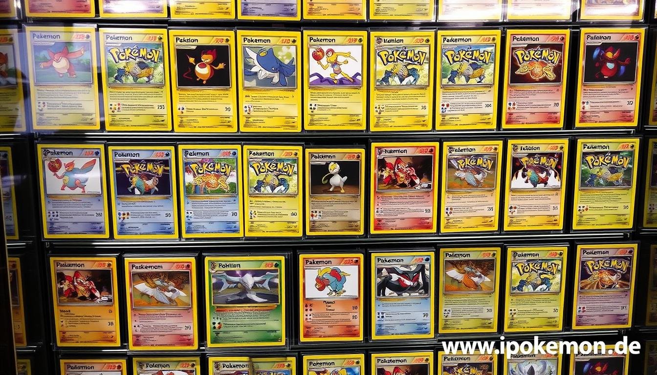 Wertvolle fehlerhafte Pokémon Karten mit Preisschildern in einer Vitrine