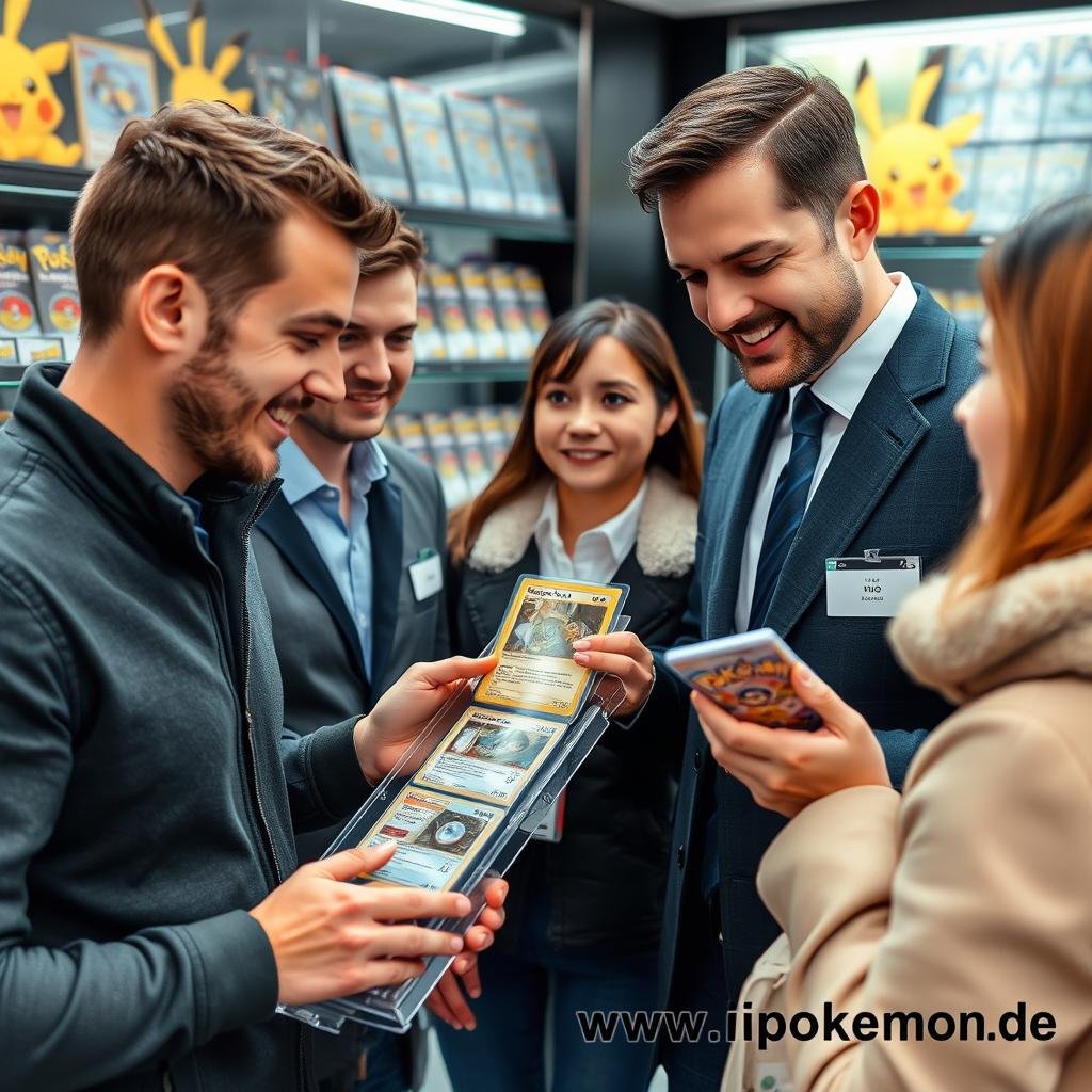Zufriedene Kunden im Gespräch mit einem Pokémon Karten Händler