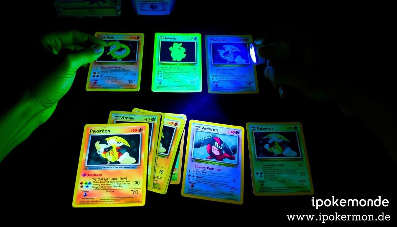Demonstration des Black Light Tests bei Pokémon Karten zur Authentifizierung