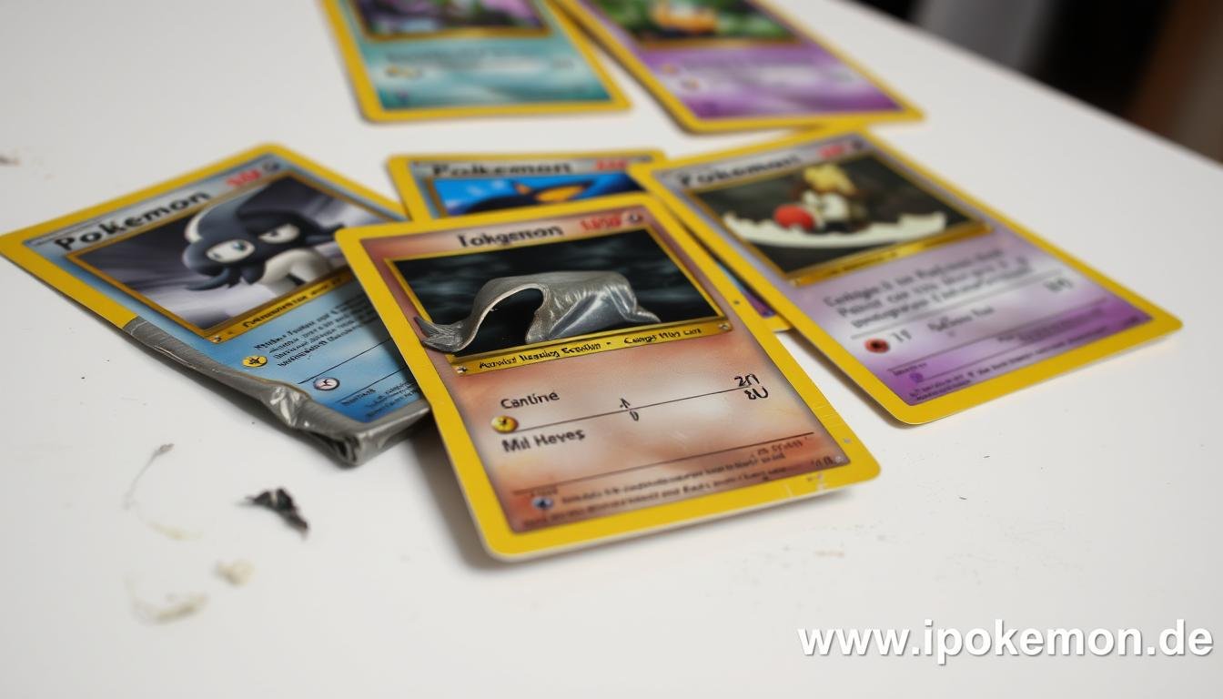 Falsch aufbewahrte Pokémon Karten mit sichtbaren Schäden wie Knicken und Verfärbungen