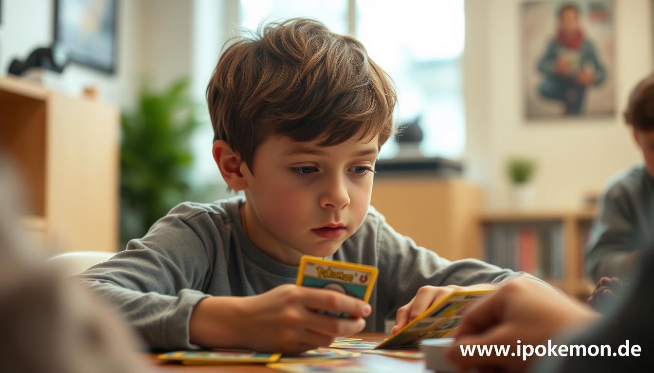 Kind plant strategischen Zug beim Pokémon-Kartenspiel