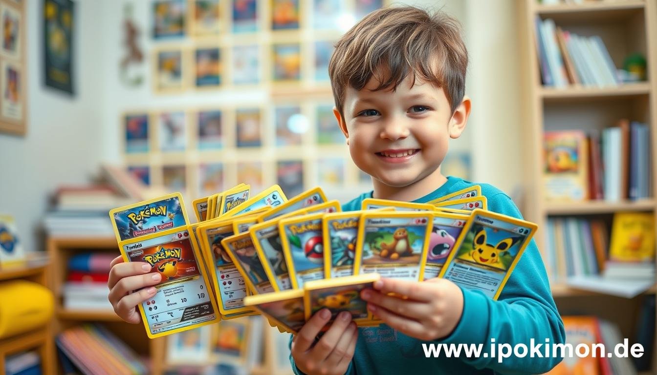 Kind zeigt stolz seine Pokémon Kartensammlung