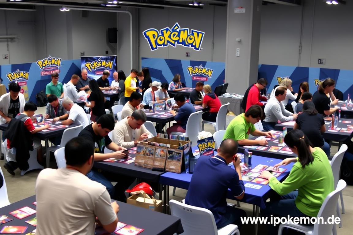 Organisiertes Pokémon Karten Turnier mit mehreren Spieltischen