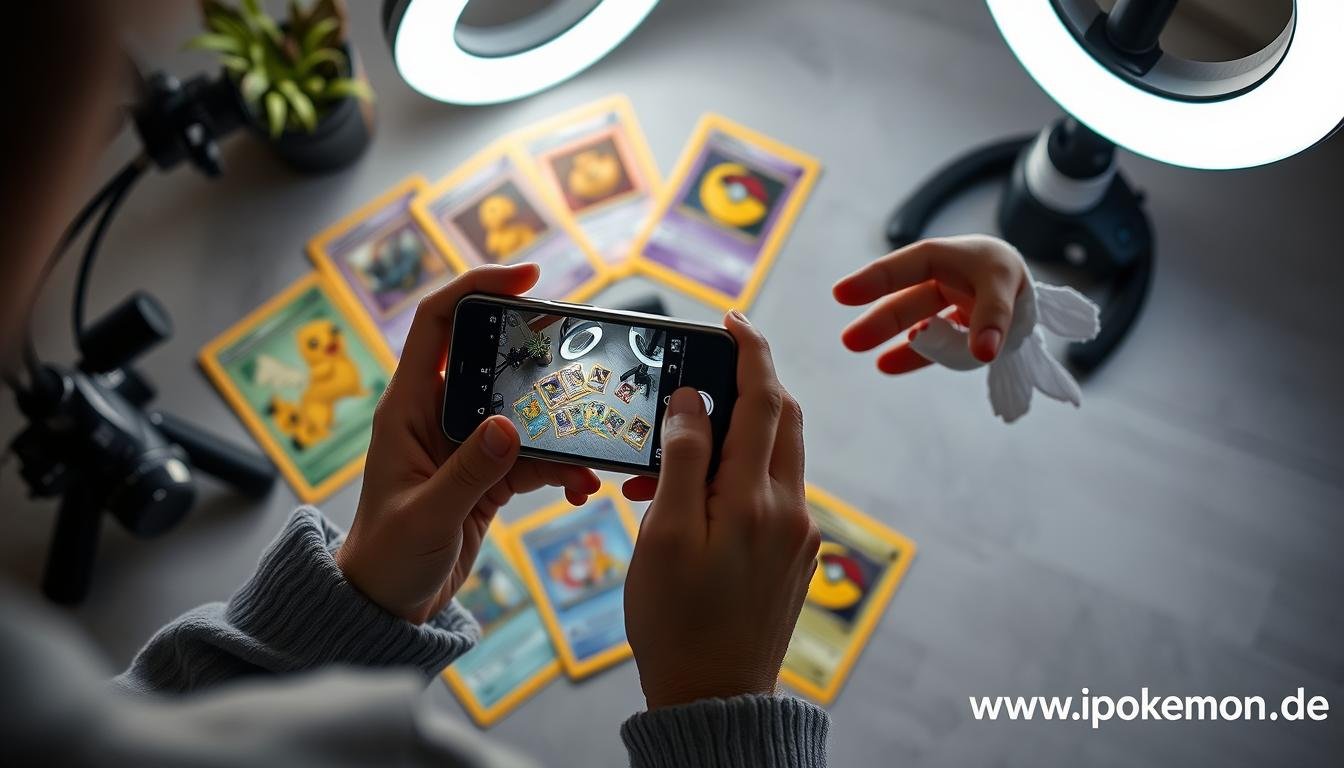 Person fotografiert Pokémon Karten für Instagram mit Smartphone und Ringlicht