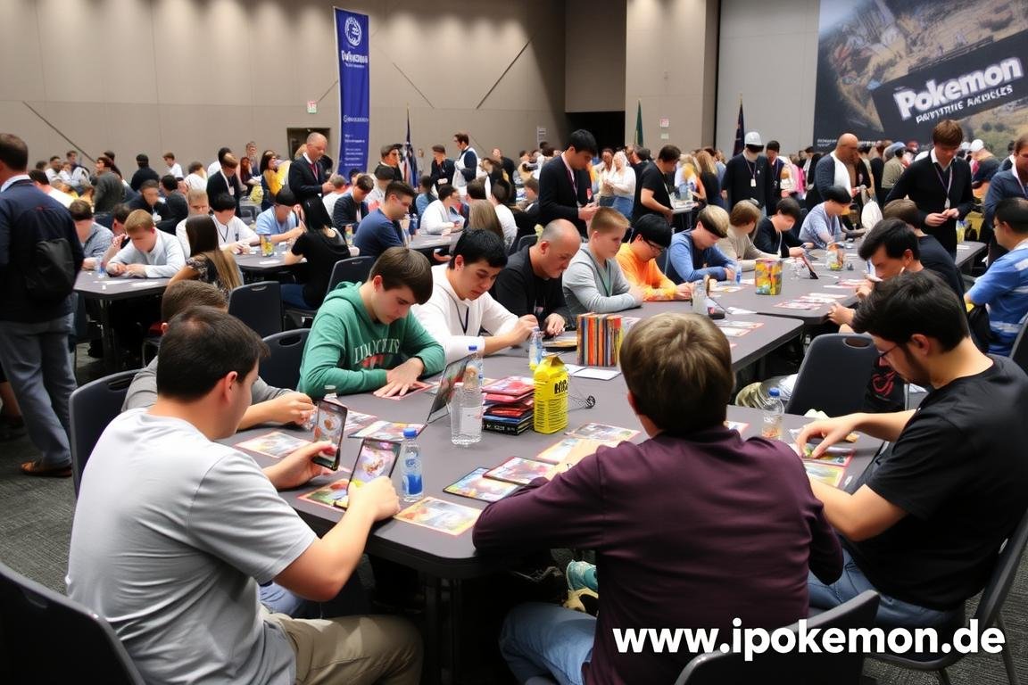 Pokémon Karten Turnier in Berlin mit vielen Spielern an Tischen